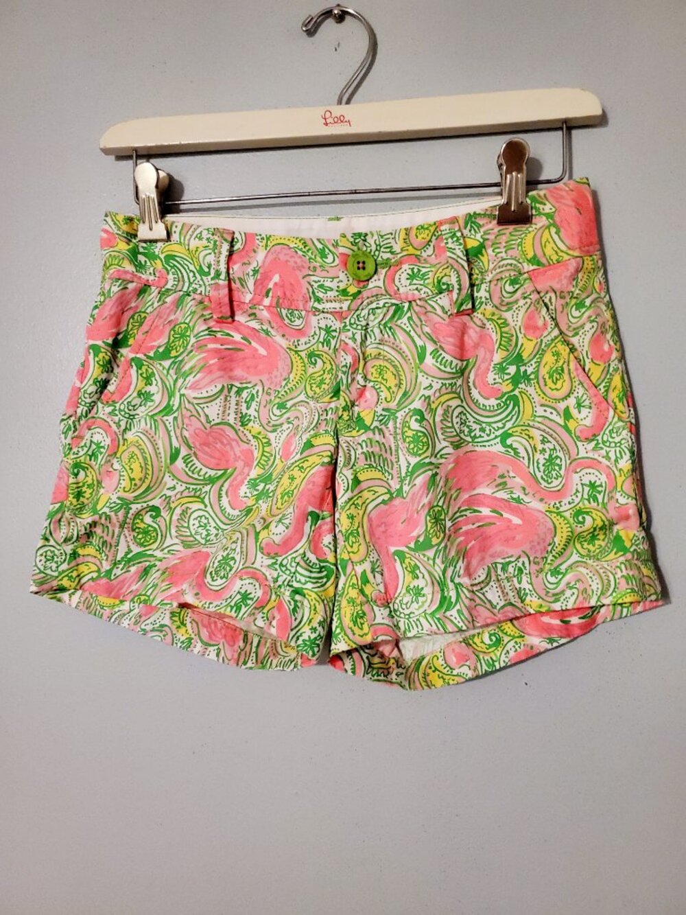 Lilly Pulitzer Callahan Shorts Flamingo Print Pink Green Cotton Size 00 Preppy C - Picture 2 of 11